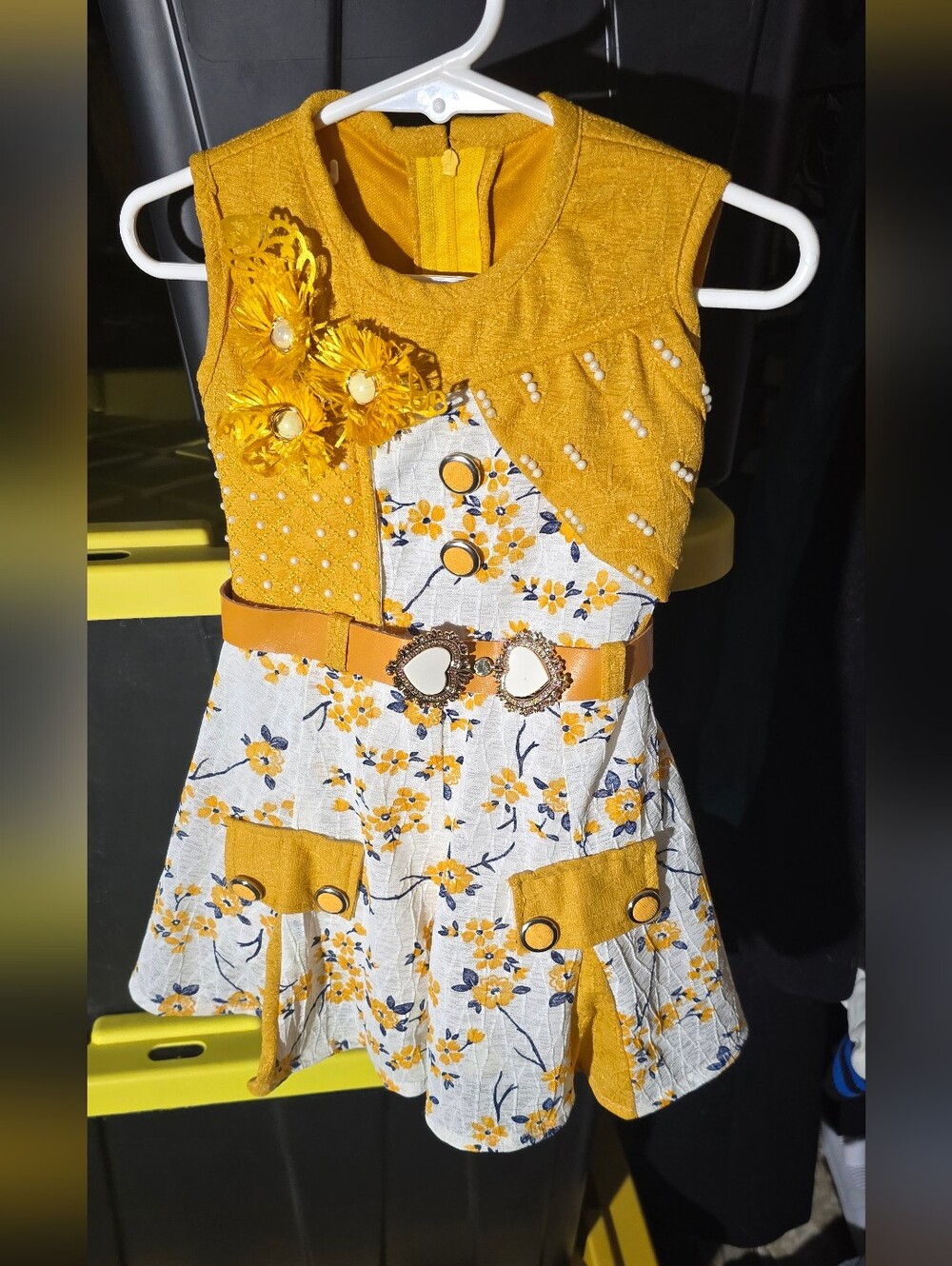 At Top Touch Yellow Floral Girl's Party Dress with Decorative Belt